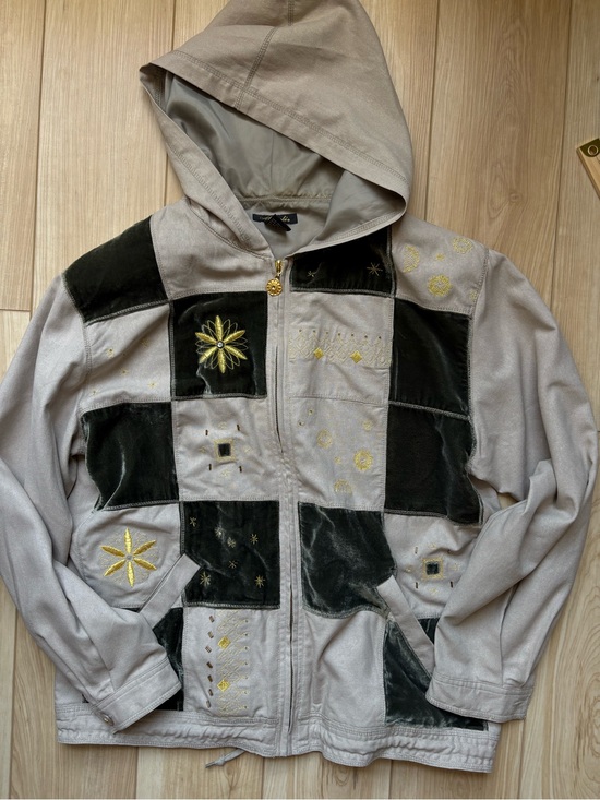 American Vintage Jackets & Blazers - Vintage Celestial Boho Silk Patchwork Hooded Bomber Jacket